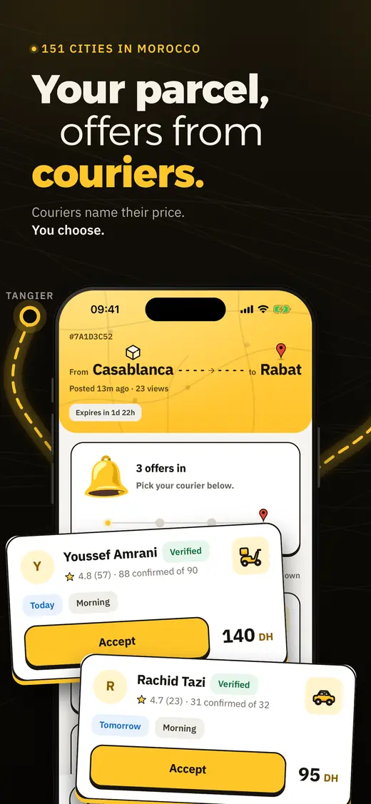 The offers screen: your parcel gets offers from couriers, who name their price, and you choose.