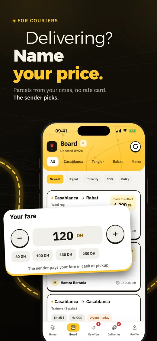 The board on the courier's side: you name your price, with no rate card.