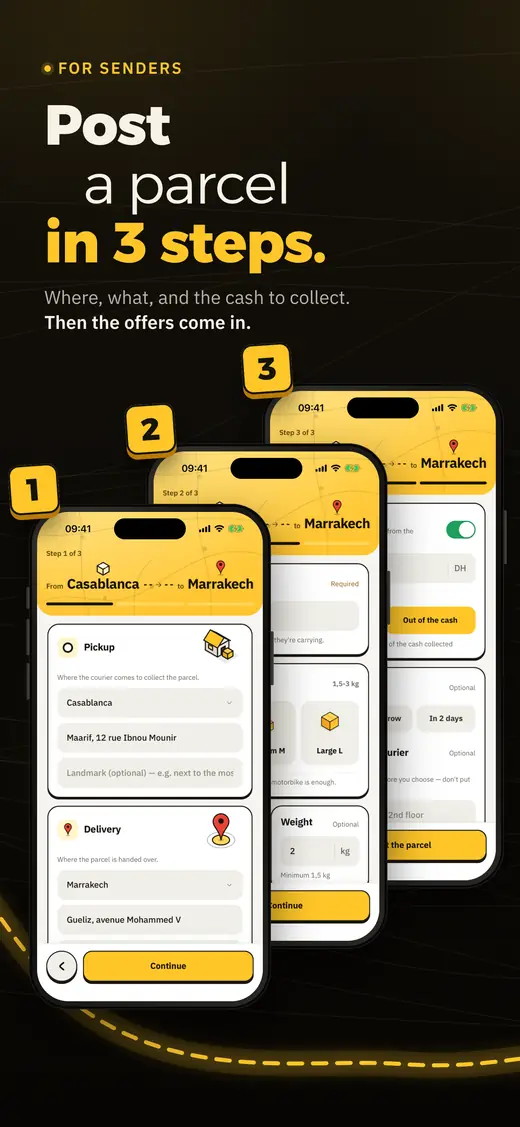 The three steps to post a parcel: where, what, and the cash to collect.