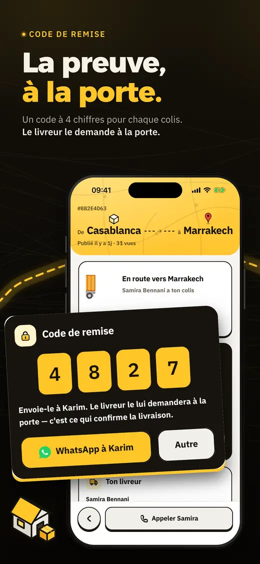 Écran du code de remise : un code à 4 chiffres pour chaque colis, demandé à la porte.