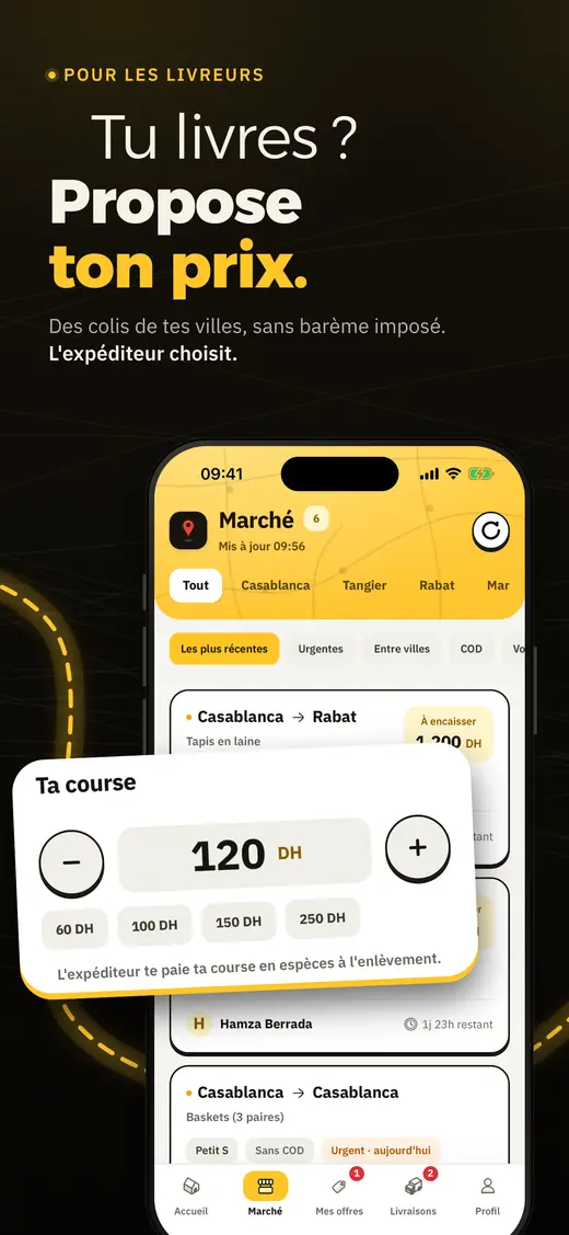 Écran du marché côté livreur : tu proposes ton prix, sans barème imposé.