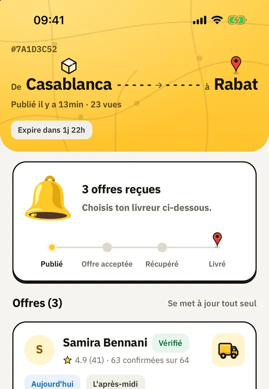 L'écran des offres reçues, dans l'application